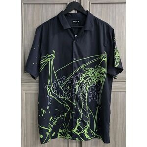 PACSUN Mens Large Shirt Button Up Shiny Silky Feel Dragon Graphic Retro